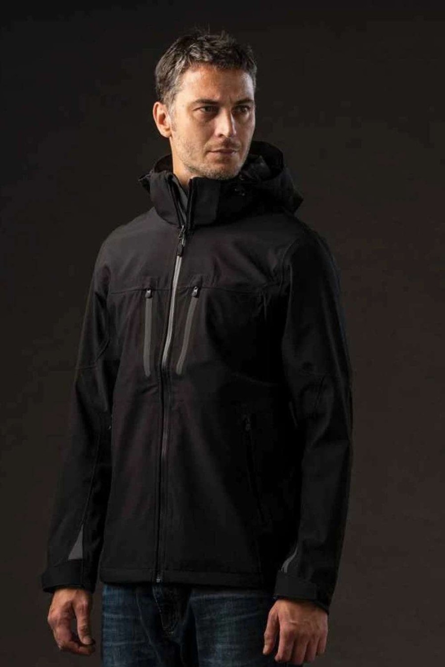 Coats, Jackets & Blazers * | Stormtech Mens Patrol Hooded Soft Shell Jacket ( ) Black/Carbon