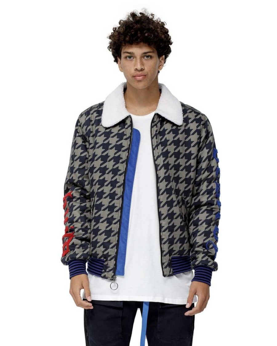 Coats, Jackets & Blazers * | Konus Men'S Ma-2 Bomber Jacket In Houndstooth With Sherling Collar In Khaki