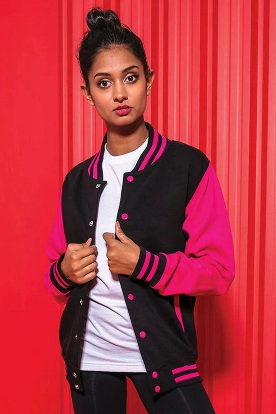 Coats, Jackets & Blazers * | Awdis Unisex Varsity Jacket ( ) Jet Black/Hot Pink