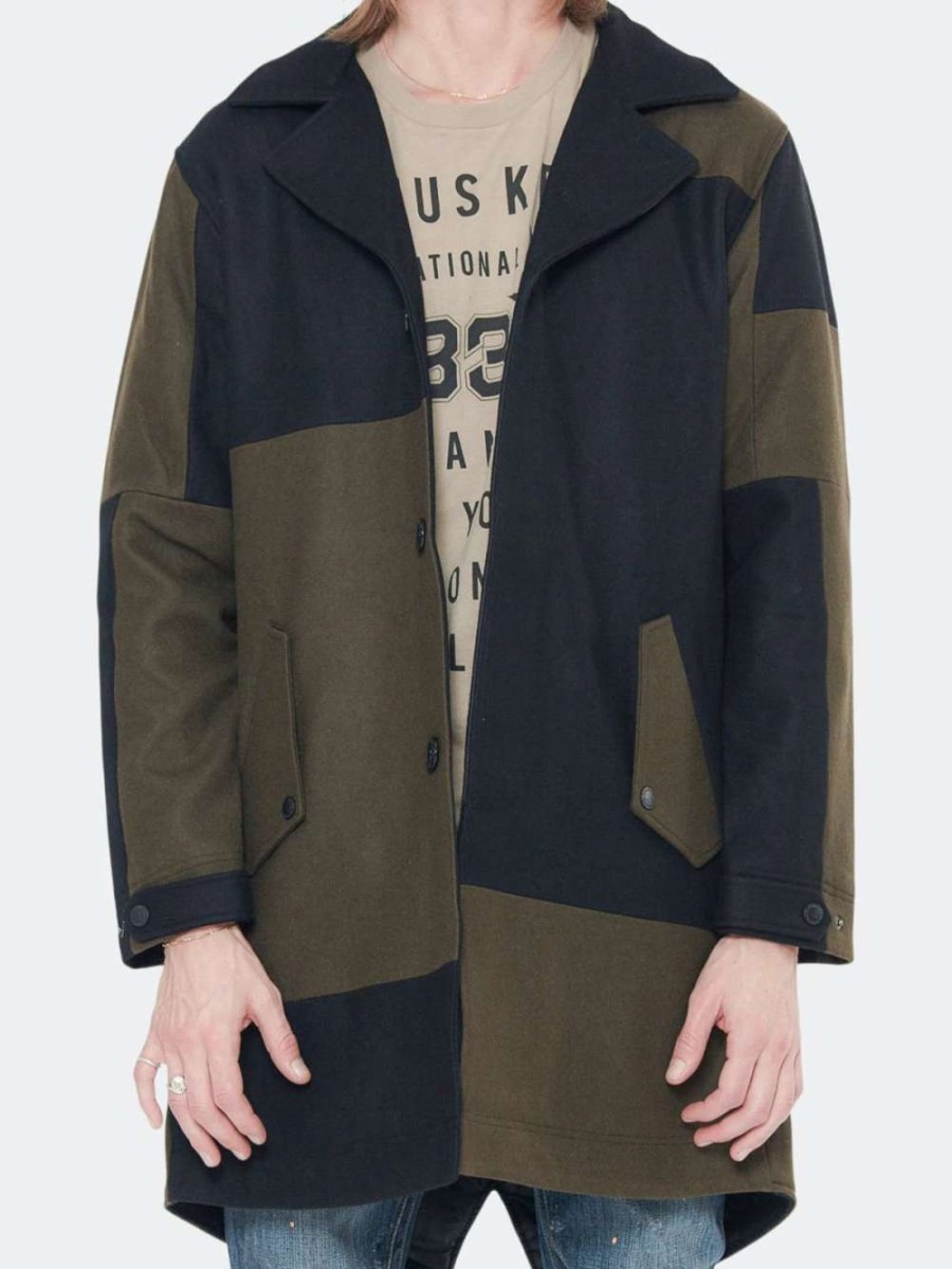 Coats, Jackets & Blazers * | Konus Men'S Geometric Panelled Wool Coat In Olive