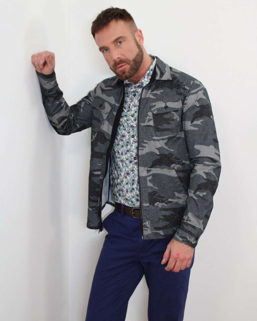 Coats, Jackets & Blazers * | Lords Of Harlech Of Harlech Zen Crane Shirt Jacket Camo Charcoal