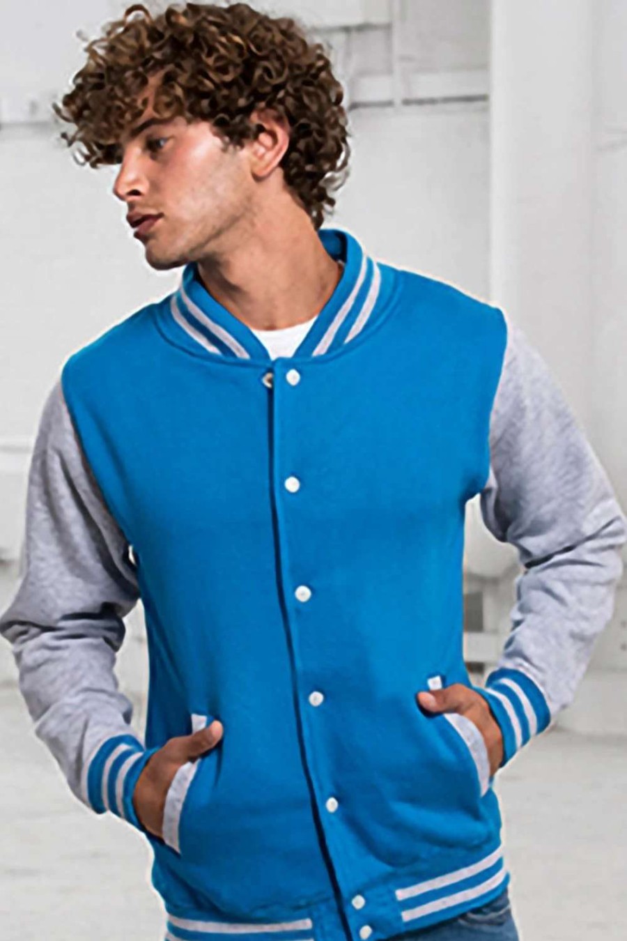 Coats, Jackets & Blazers * | Awdis Unisex Varsity Jacket ( ) Sapphire Blue/ Heather Gray