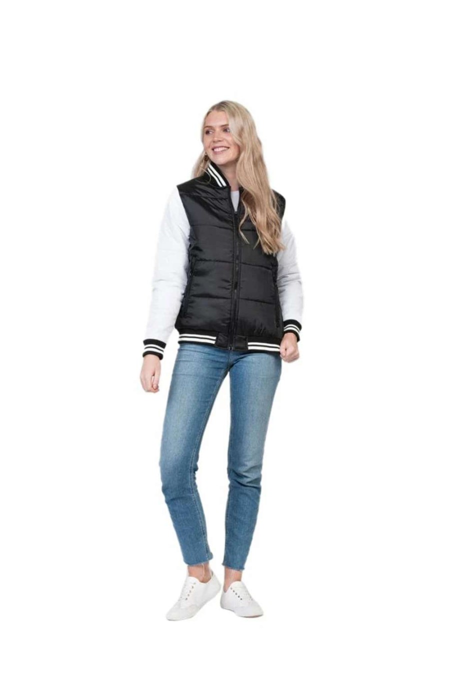 Coats, Jackets & Blazers * | Awdis Just Hoods Adults Unisex Varsity Puffer Jacket ( ) Jet Black/White