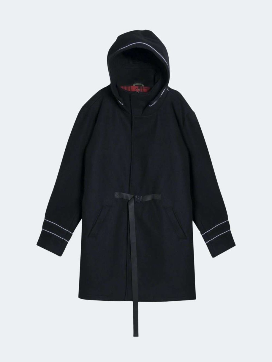 Coats, Jackets & Blazers * | Konus Men'S Wool Blend Hooded Coat With Reflective Piping Black