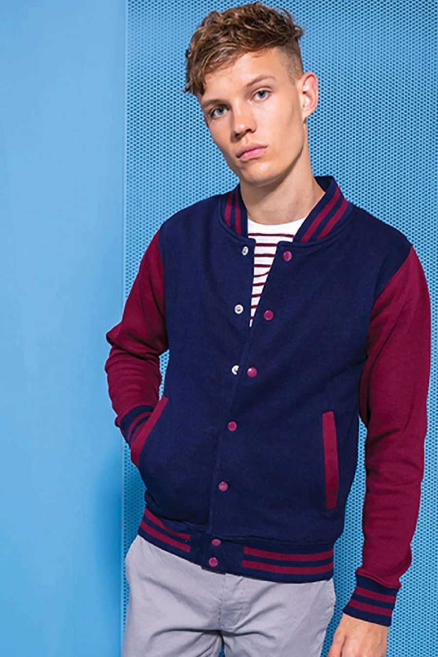 Coats, Jackets & Blazers * | Awdis Unisex Varsity Jacket ( ) Oxford Navy/ Burgundy