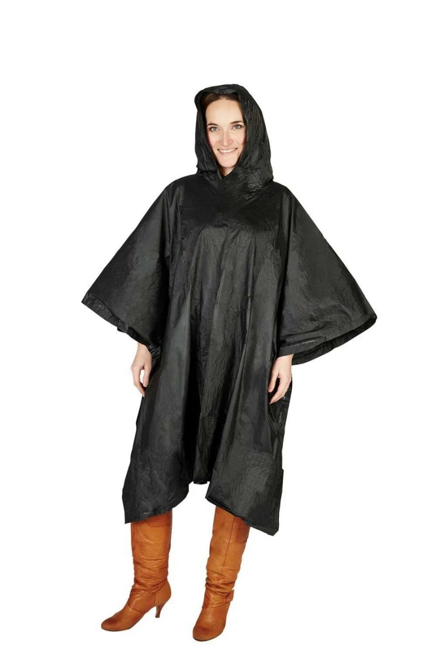 Coats, Jackets & Blazers * | Universal Textiles Hooded Plastic Reusable Poncho ( ) Black